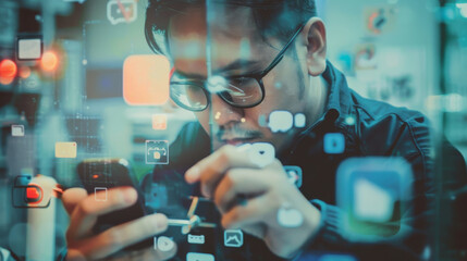 Man using smartphone with double exposure of social network icons.