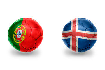 football balls with national flags of iceland and portugal ,soccer teams. on the white background.