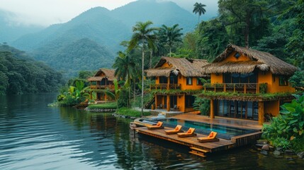 Fototapeta premium A scenic view of lakefront cabins with a private pool, nestled amidst lush jungle foliage and overlooking a tranquil lake.