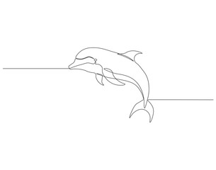 Continuous one line drawing of dolphin fish. One line drawing illustration of bottlenose dolphin. Marine animal, World dolphin day concept single line. Editable outline.