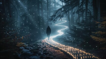 A person walking on a pathway made of light