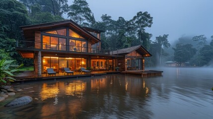 Fototapeta premium A modern wooden cabin sits on a lake, surrounded by lush greenery and mist. The lights inside the cabin create a warm glow.