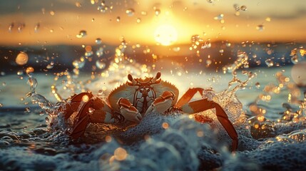 Fototapeta premium Vibrant Crab in Ocean Waves at Sunset - Close-up of a vibrant crab amidst splashing ocean waves during a stunning sunset, capturing the beauty and motion of the scene.