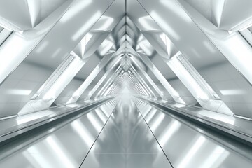 Fototapeta premium Futuristic white symmetric corridor with bright lighting