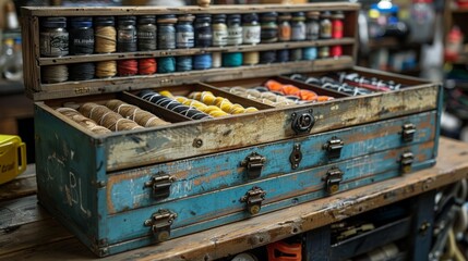 A vintage wooden tool box with multiple drawers, filled with spools of thread, glass jars, and other tools.