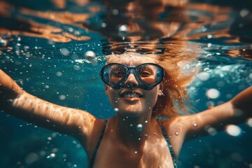 Fototapeta premium Underwater young female swimmer enjoying summer pool time