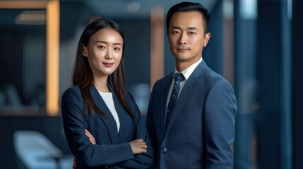 In A Studio Portrait, Two Young Asian Corporate Executives Exude Professionalism And Determination, Their Shared Vision Evident In The Way They Stand Side By Side