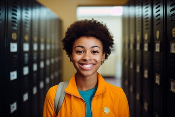 Naklejka premium Portrait of a smiling female high school student in hallway