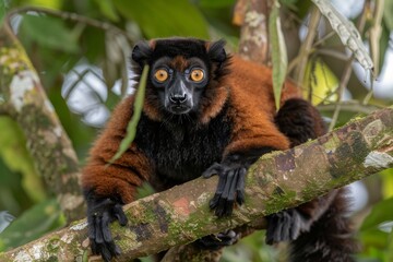 Obraz premium Red ruffed lemur perched on a tree branch in natural habitat