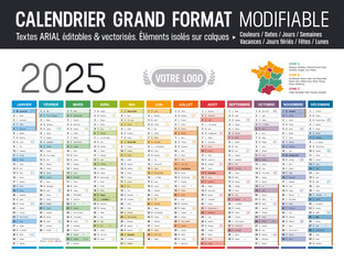 Calendrier Français 2025 modifiable, grand format France, éléments isolés sur calques, textes en Arial, éditables et vectorisés.