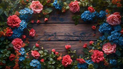 Beautiful pink and blue flowers frame against wooden background