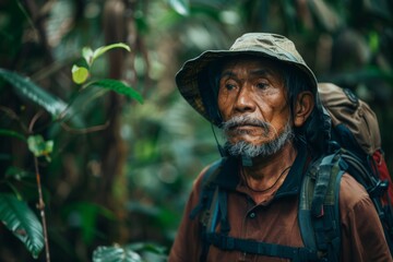 Fototapeta premium Middle aged man on a rainforest expedition