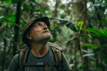 Fototapeta premium Middle aged man on a rainforest expedition