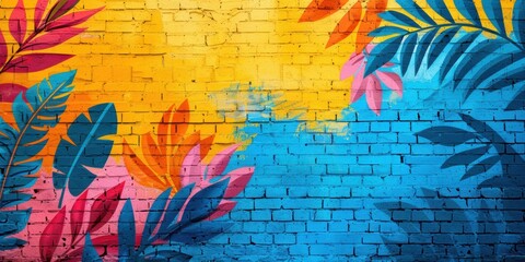 Naklejka premium An artistic digital representation of a colorful graffiti wall featuring bold leaves and vibrant shades of yellow, blue, and pink.
