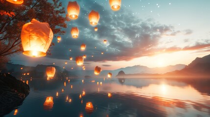 A surreal landscape with floating lanterns in a twilight sky