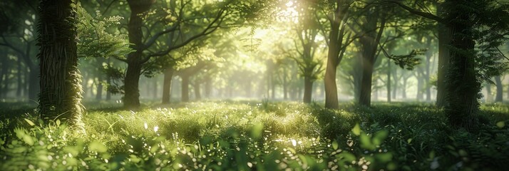 Sunlit Forest Path in Early Morning Mist