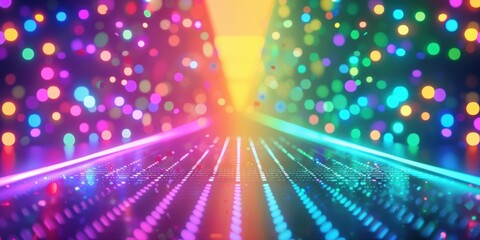 Fototapeta premium A mesmerizing scene featuring a vibrant pathway illuminated by multicolored lights and flanked by shimmering bokeh effects.