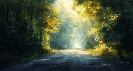 Sunlight Through The Trees On A Forest Road