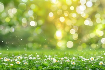 Obraz premium Spring daisy meadow in sunlight bokeh background