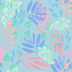 seamless pattern with flowers and leaves.  Pastel colors. Hand drawn illustration. 