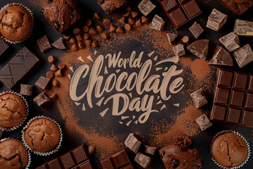 World chocolate day poster. Food background. Frame from milk, black, candy, cocoa, bar, muffin, cream. Concept banner with chocolate texture. Mockup table, cooking wallpaper border with lettering