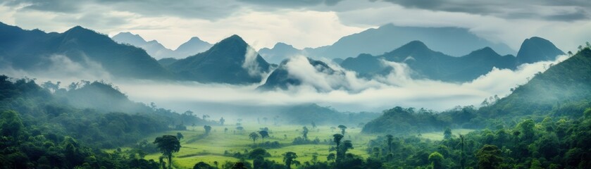 Fototapeta premium Foggy landscape in the jungle.