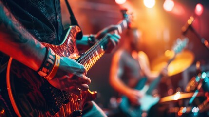 Obraz premium The singer plays an acoustic guitar and sings at a concert