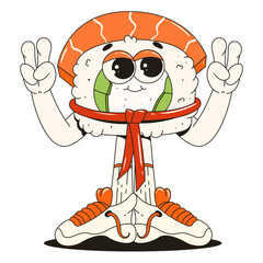 Sushi character in trendy retro groovy style. Funny mascot for restaurants, bars,  Japanese food.	