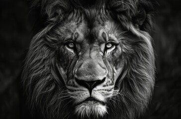 Naklejka premium A Black And White Portrait of a Majestic Lion With a Full Mane