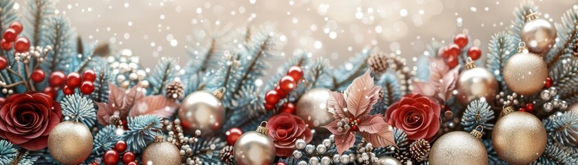 Festive Christmas border with baubles, red berries, roses, and pine cones against a snowy background. Perfect for holiday decoration and designs.