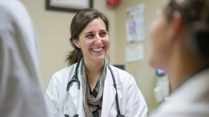 Friendly Smile: Illustrate the warm smile of a female medical practitioner as she reassures a patient, conveying empathy and compassion in a healthcare setting. 