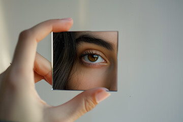 Woman looking at herself in a mirror. Self awareness, identity or personality concept. Who am I?