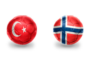 football balls with national flags of norway and turkey ,soccer teams. on the white background.