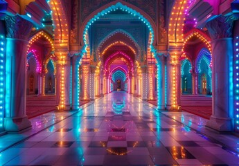 Obraz premium Photo of a beautifully decorated mosque with colorful lights during Eid celebrations