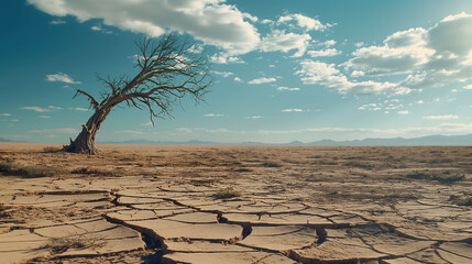 Solitary Tree Standing in a Vast Arid Desert Landscape Under Blue Sky