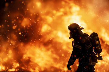 Fototapeta premium Silhouette of a Firefighter Against Fiery Blaze Background