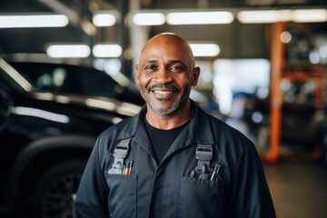 Obraz premium Portrait of a smiling middle aged African American male car mechanic