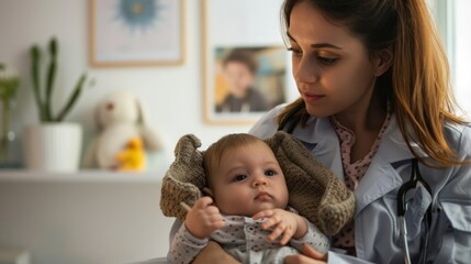 Parental Involvement: Photograph the involvement of a mother as she holds her baby on her lap during a doctor's examination.