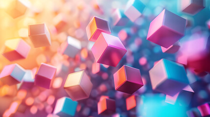 Abstract illustration of floating cubic shapes in various sizes and colors, arranged against a gradient background, creating a dynamic and modern backdrop