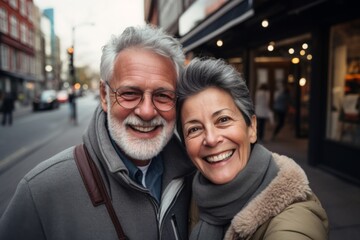 Happy senior couple taking a selfie on a winter vacation