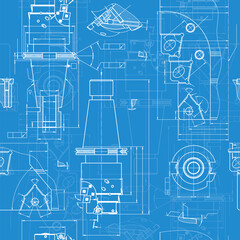 Mechanical engineering drawings on blue background. Tap tools, borer. Technical Design. Cover. Blueprint. Seamless pattern. Vector illustration.