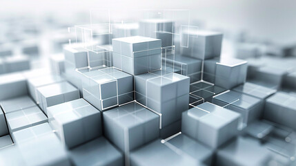 Creative illustration featuring a grid of interconnected cubes merging and overlapping, against a minimalist backdrop, representing complexity and order in an abstract form