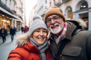 Fototapeta premium Happy senior couple taking a selfie on a winter vacation