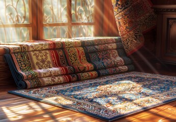 Image of a set of colorful, ornate Islamic prayer rugs neatly arranged, with sunlight streaming through a window