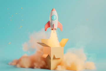 Fototapeta premium Liftoff of a Cartoon Rocket amidst Colorful Spheres against a Teal Background