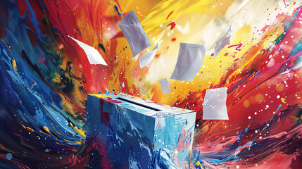 Artistic depiction of colorful voting ballots swirling together, representing the democratic process of collective decision-making and participation, with an abstract and energetic backdrop