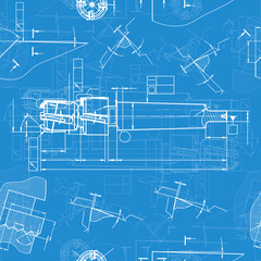 Mechanical engineering drawings on blue background. Tap tools, borer. Technical Design. Cover. Blueprint. Seamless pattern. Vector illustration.