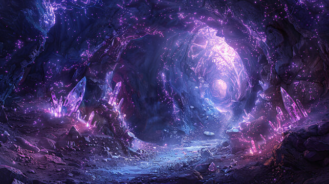 Illustration of a mystical cave entrance engulfed in glowing vines and shimmering crystals, leading into a fantastical underworld, with an aura of mystery and adventure