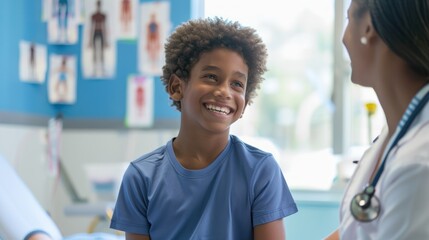Rehabilitation Rejoice: Capture the young boy's smile of achievement during a rehabilitation session as he looks at his muscle, with the supportive female doctor observing his progress. 