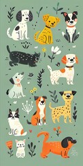 Various Cute dogs Minimalist Illustration